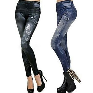 Elastic Butterfly Printing Imitation Jeans Legging