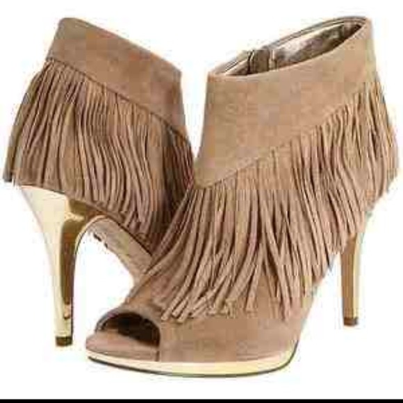 Libby Edelman Taupe with Gold heel Fringe  Bootie