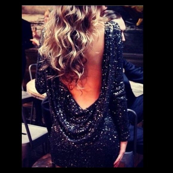 Black sequin dress with low back and drape detail