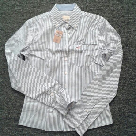 Hollister Shirt Button Down Thin Navy White Strips - Picture 2 of 4