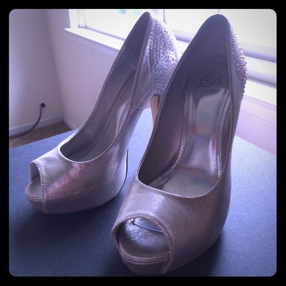 Silver Rhinestone Peep-Toe Platform Heels