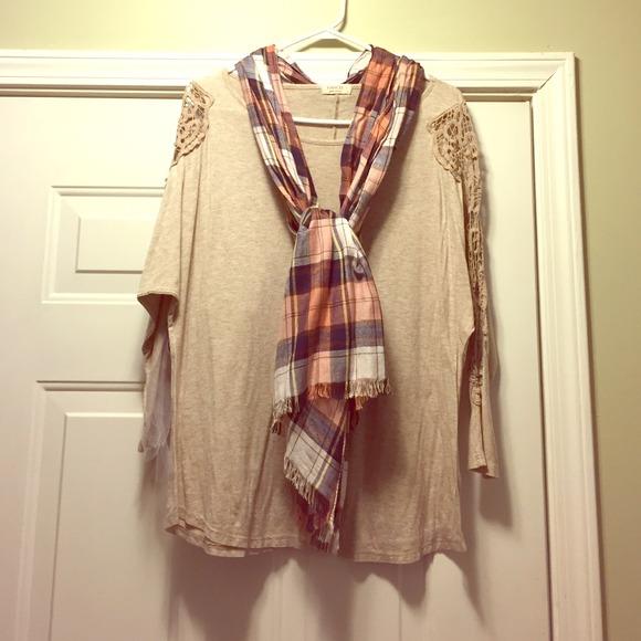 Tan shirt with crochet sleeves