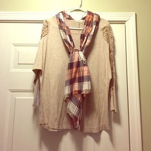 Tan shirt with crochet sleeves