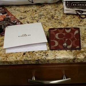 Coach burgundy and gold card holder with gift box