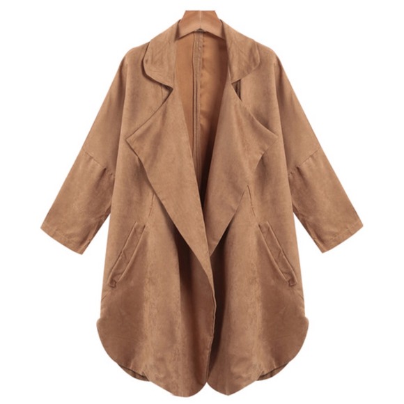 Khaki Curved Hem Suede Coat