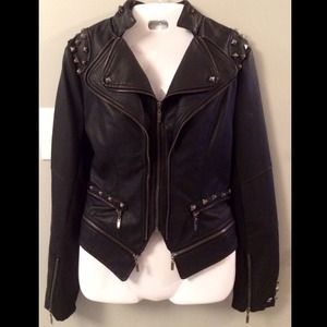 Brand new, studded black faux leather jacket, M