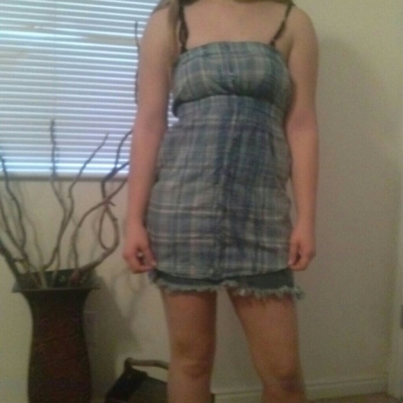 Strapless blue plaid top