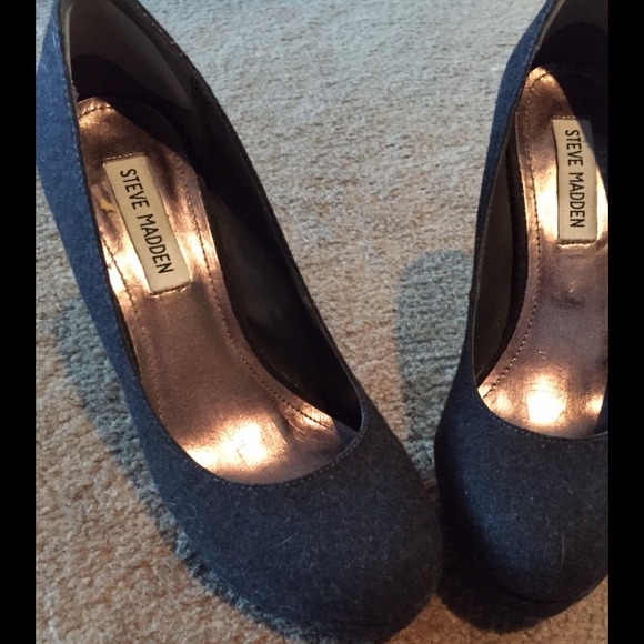 Platform grey flannel heels.