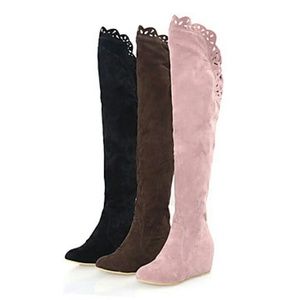 Suede Covered Low Heel Elevator Over Knee Boots W