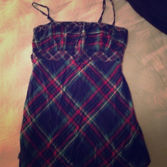 Navy blue plaid shirt.