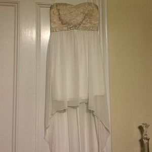 Strapless white cocktail/evening dress highlow hem