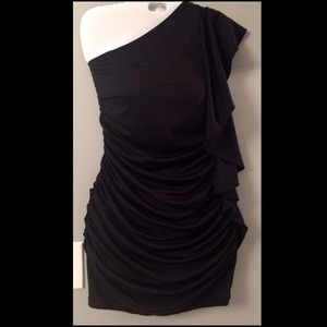 Roberta, black one-shoulder ruched dress, size M