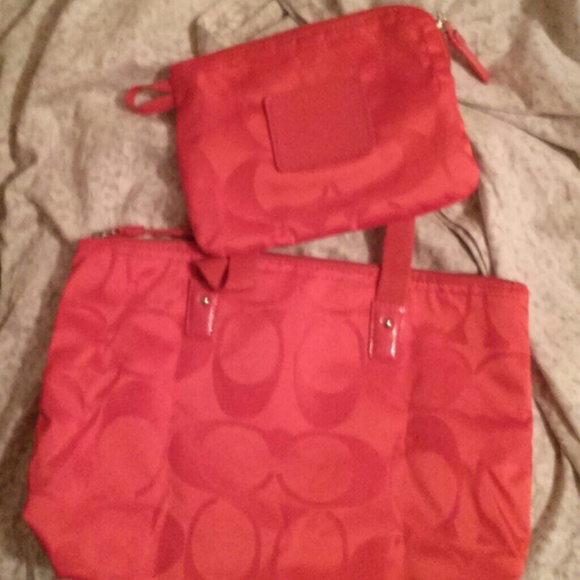 Coach red bag with cosmetic bag
