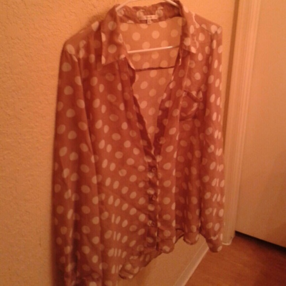 Polka dot tan long sleeved sheer shirt