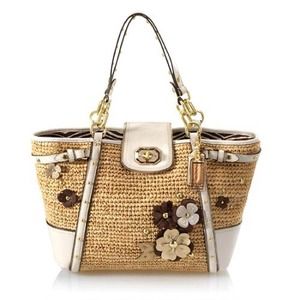 Coach Poppy Floral Embellished Natalie Straw Tote