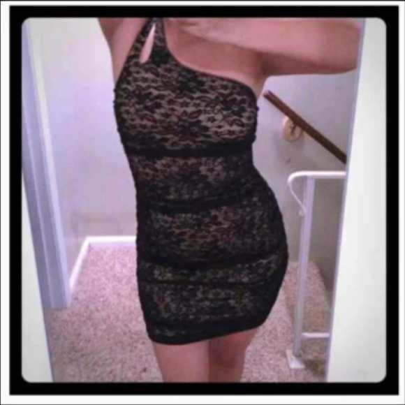 Black and beige one strap floral lace dress!