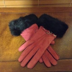 Coach Suede Gloves w Rabbit Fur Trim