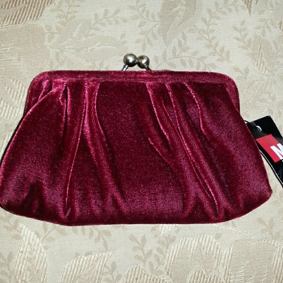 NWT Small burgundy clutch with cross body chain