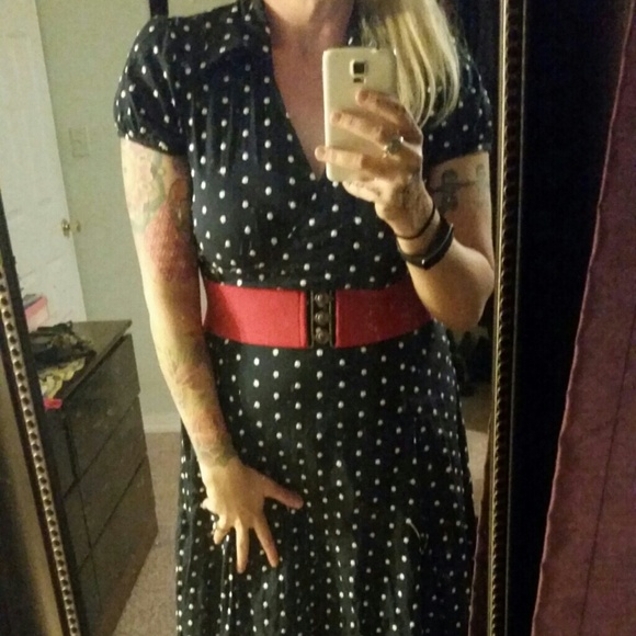 Pin-up dress.  Navy blue with white polka dots.