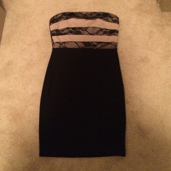 Black mini dress with tan and lace accents