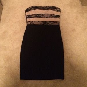 Black mini dress with tan and lace accents