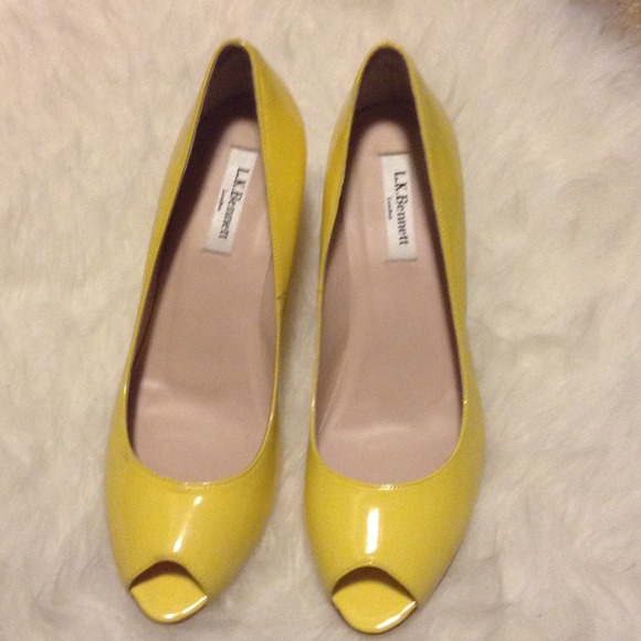 L.K. Bennett yellow peep toe wedges New