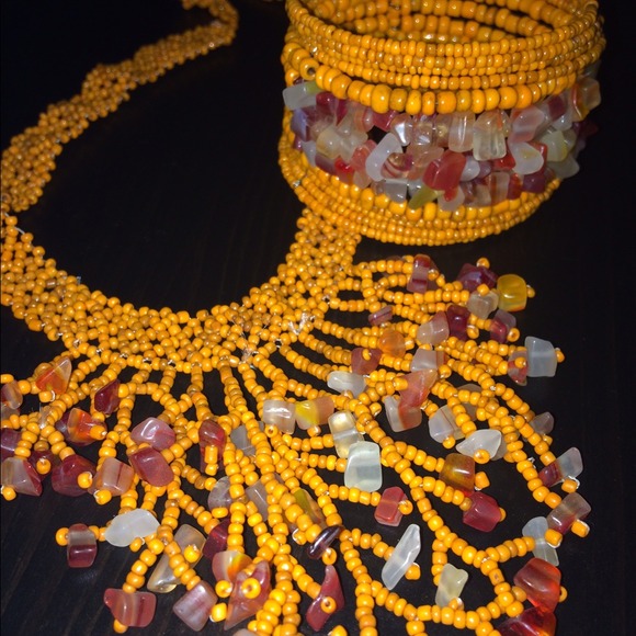 Yellow/orange/red Beaded Bangle and Necklace Set