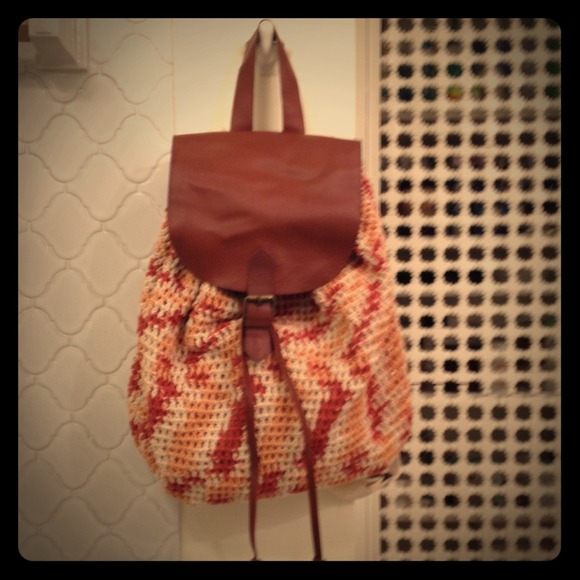 Urban Outfitters Coral and beige knit backpack