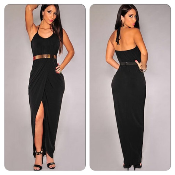 Dresses & Skirts - Sexy Black Draped Belted Maxi Dress
