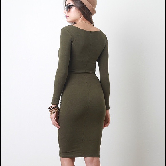 Sexy midi stretchy bodycon fitted olive dress sml - Picture 2 of 3