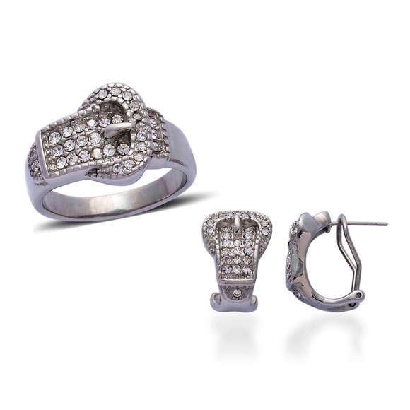 Steel crystal buckle ring earrings set size 7 Glam