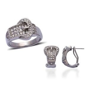 Steel crystal buckle ring earrings set size 7 Glam