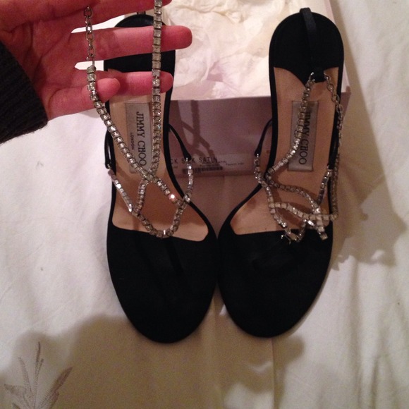 Black Silk Satin Jimmy Choo bejeweled sandals