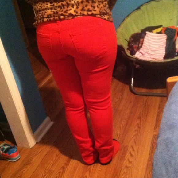 Bright red skinny jeans