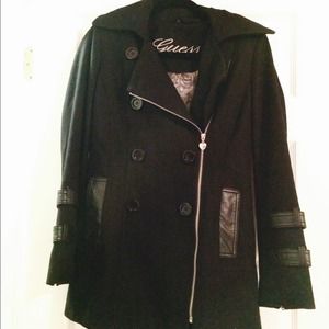 Black wool pea-coat leather piecing