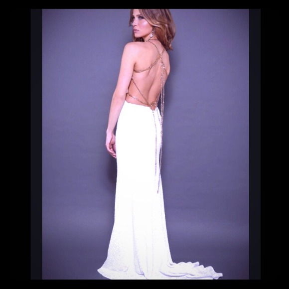 SOLD! White sequin prom gown with gold chains