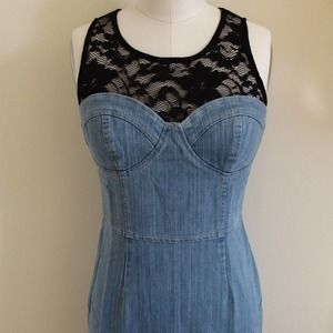 Stretch denim and lace dress