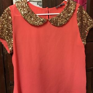 Coral and gold sequin shirt