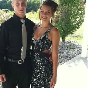 Long sequenced black & silver homecoming dress