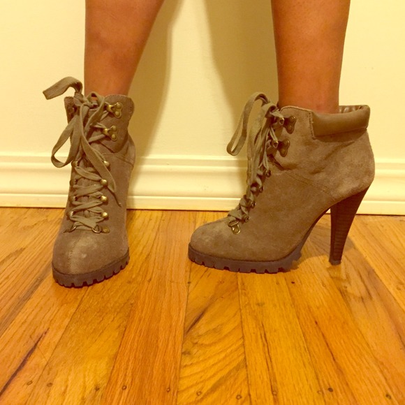 Suede Military Style Lace Up Heeled Booties