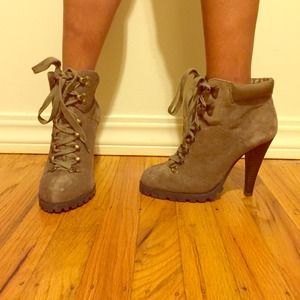 Suede Military Style Lace Up Heeled Booties