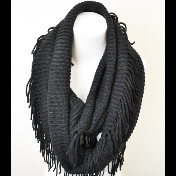 Accessories - BLACK RIBBED FRINGE INFINITY SCARF