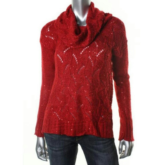NY Collection Red Cable Knit Sequined Sweater - Picture 3 of 3