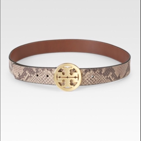 Tory burch tan and black leather snakeskin belt