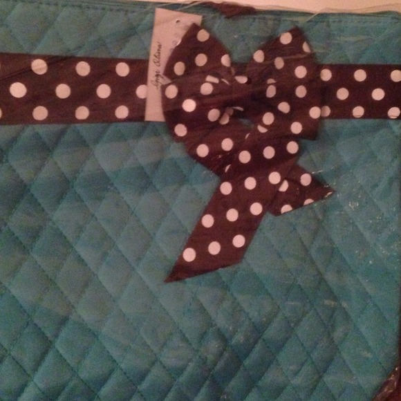 Teal tote bag with brown polka dot ribbon - Picture 2 of 3