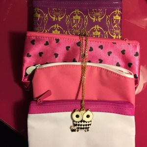 4 Ipsy Make Up bags and Owl Pendant Necklace