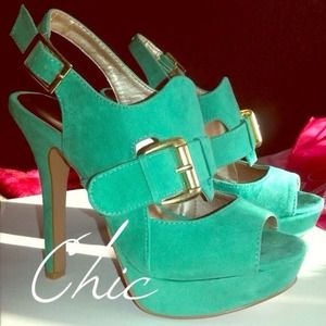 Mint Double Buckle Peep Toe Shoes 💙