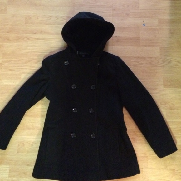 Anne Klein black hooded wool blend pea coat medium