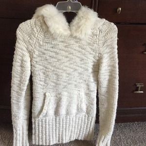 Ivory hooded knit sweater with fur trimmed hood