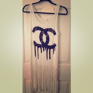 White long fringe "Chanel" logo tank